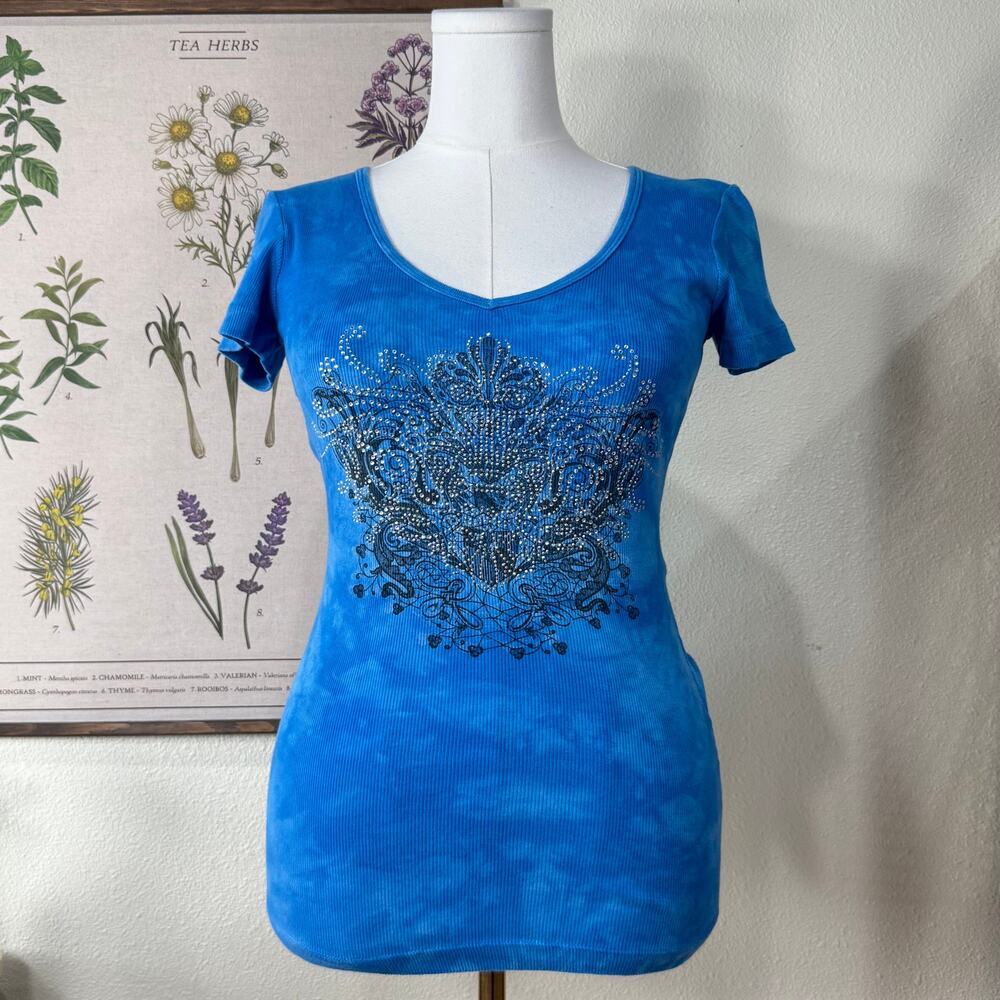90s Y2k Ribbed Rhinestone Graphic Tee Rockstar Girlfriend Fairy Grunge McBling S